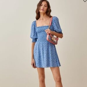 Reformation Ditsy Floral Elle Mini Dress In Suzette 2 Blue Smocked Puffy Sleeve